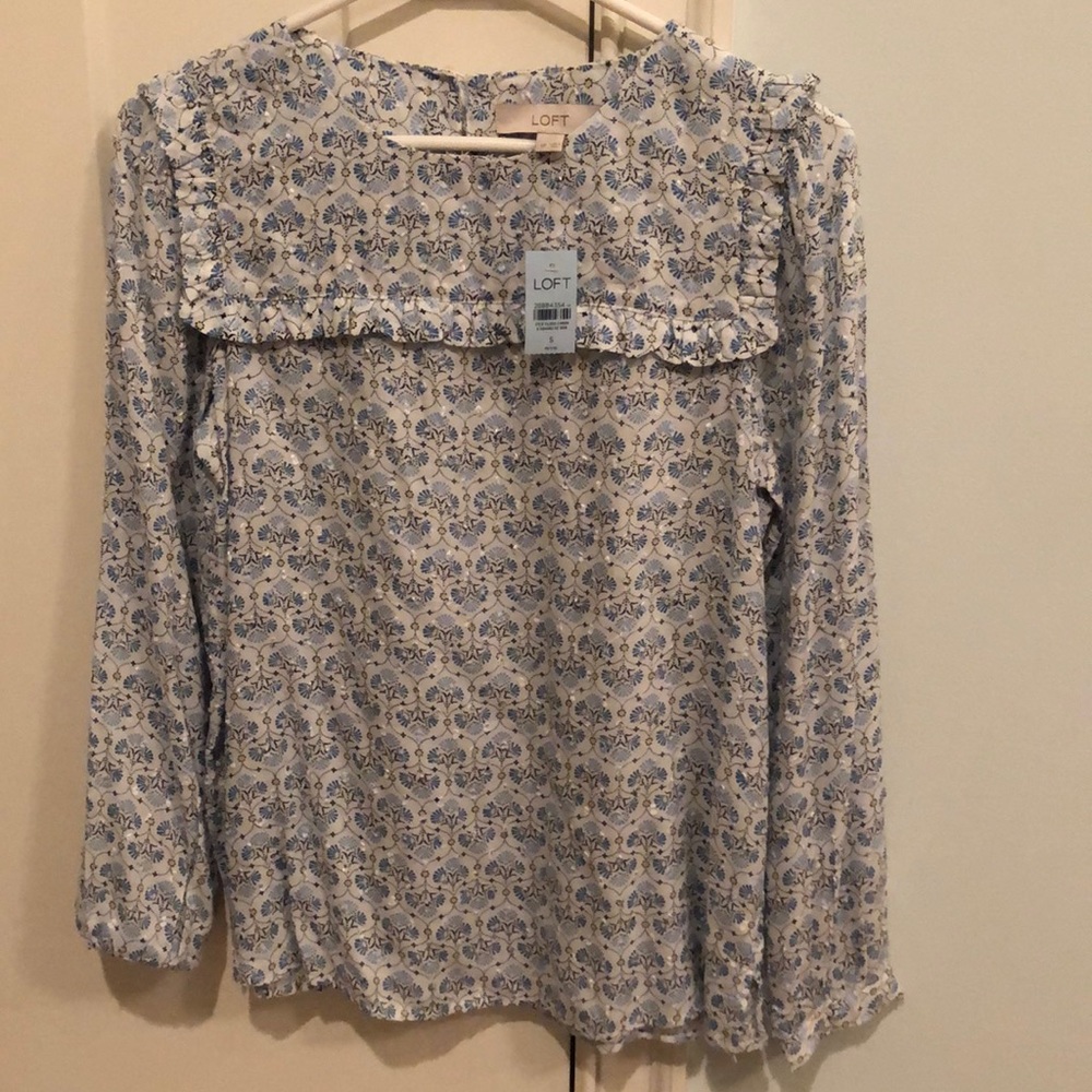 NWT LOFT Petite Mosaic Ruffle Yoke Blouse